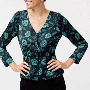 J. Crew Satin back crepe peplum button-front black green floral blouse shirt 2